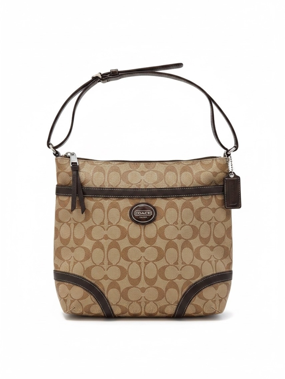 Coach Signature Brown Crossbody Bag with Black Leather Trim